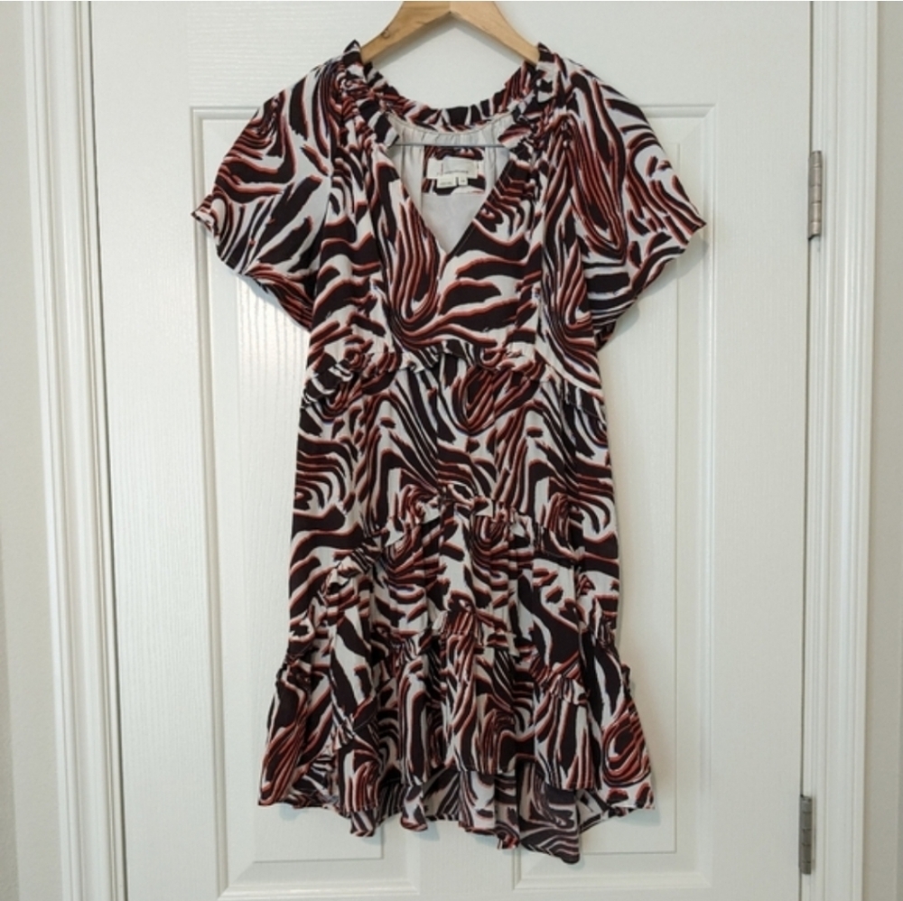 Anthropologie Robin Tiered Brown Orange & White Marble Animal Minidress Small - Picture 3 of 12